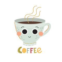 Vector cartoon cup with coffee. Flat style. Excellent for the design of postcards, posters, stickers and so on.