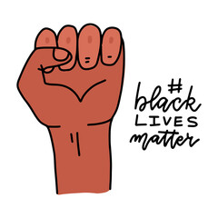Black Lives Matter design with Strong Fist. Campaign against racial discrimination of dark skin color. Vector dlat linear hand drawn Illustration with lettering.