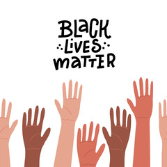 Hands up of different races, colors, nationalities with ancient signs and symbols. Isolated silhouette vector anthropology concept on white background. Black Lives Matter - lettering quote.