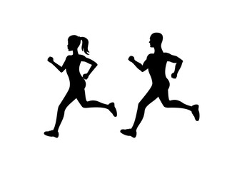 Naklejka na ściany i meble Running man and woman silhouette icon vector. Running people clip art. Attractive fitness girl and boy silhouette. Runners couple icon