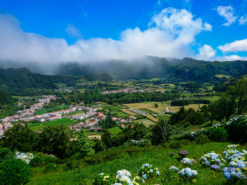Overview of an island village of Azores