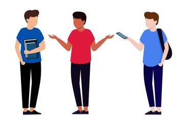 A group of young people communicate. Men are standing nearby and talking. Flat style characters