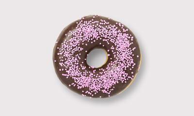Glazed chocolate donut with sprinkles on a white background