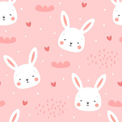 Rabbit and chick Seamless Pattern Background, Scandinavian Happy bunny with cloud, easter. cartoon rabbit vector illustration for kids nordic background