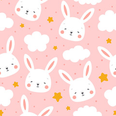 Rabbit and chick Seamless Pattern Background, Scandinavian Happy bunny with cloud, easter. cartoon rabbit vector illustration for kids nordic background