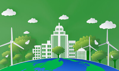 3D images in a green city concept. White buildings On the ground, the globe, and the trees have windmills. The green city is shady for the environment.