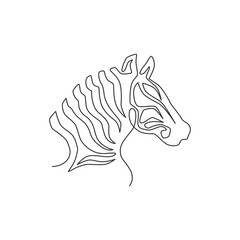 One continuous line drawing of zebra head for zoo safari national park logo identity. Typical horse from Africa with stripes concept for company mascot. Trendy single line draw design illustration