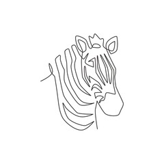 One continuous line drawing of zebra head for zoo safari national park logo identity. Typical horse from Africa with stripes concept for company mascot. Modern single line draw design illustration