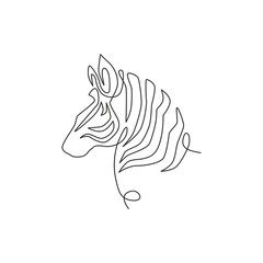 Single continuous line drawing of elegant zebra head for company logo identity. Horse with stripes mammal animal concept for national park safari zoo mascot. Trendy one line draw design illustration © Simple Line