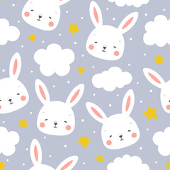 Rabbit and chick Seamless Pattern Background, Scandinavian Happy bunny with cloud, easter. cartoon rabbit vector illustration for kids nordic background
