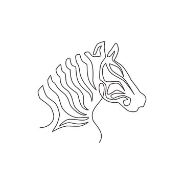 One continuous line drawing of zebra head for zoo safari national park logo identity. Typical horse from Africa with stripes concept for company mascot. Trendy single line draw design illustration