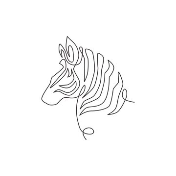 Single continuous line drawing of elegant zebra head for company logo identity. Horse with stripes mammal animal concept for national park safari zoo mascot. Trendy one line draw design illustration