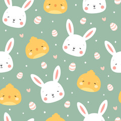 Rabbit and chick Seamless Pattern Background, Scandinavian Happy bunny with cloud, easter. cartoon rabbit vector illustration for kids nordic background