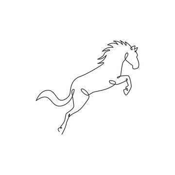 Single Continuous Line Drawing Of Jumping Elegant Horse Company Logo Identity. Strong Mustang Mammal Animal Icon Concept. Trendy One Line Draw Graphic Vector Design Illustration