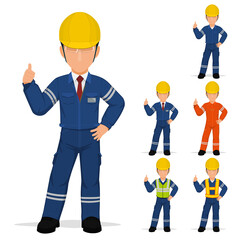 Set of industrial worker is presenting thumbs up