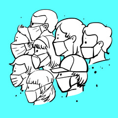 People wear mask to avoid Coronavirus. How to prevent Covid 19. Wuhan vector hand drawn illustration.