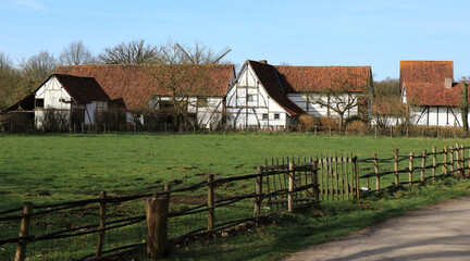 Fototapeta na wymiar rural landscape with traditional farmhouses in Bokrijk, Belgium