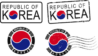 Postal grunge stamps and labels 'Republic of (South) Korea'.Yin Yang (Unity within diversity) - korean national symbol.