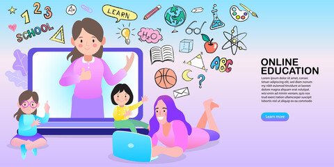 Online education concept. Cartoon children playing. Welcome back to school. Cute school kids. Flat design pattern with child.
