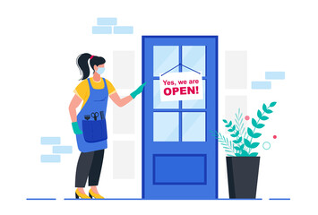 Reopening of beauty salon. Reopen economy after coronavirus. Sign We're open again.