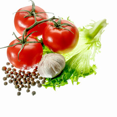 fresh green salad red tomato papper garlic isolated white background