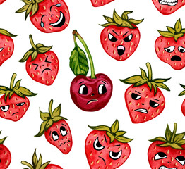 Painted pattern with cute strawberries and cherry. Berry characters. Food design for menu, packaging, textile. Funny face, smile, angry, sad cartoon expression. Wallpaper. Watercolor illustration.