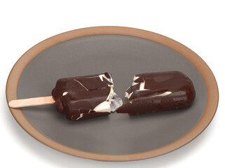 Ice cream covered with chocolate, broken in a plate on a white background