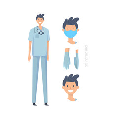 Doctors without mask and in mask. Medical workers on a white. Hospital staff. Dentist. Vector illustration in a flat style. Trendy people.