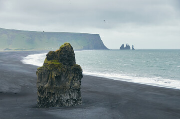 View of an Icelandic beach with black sand and basaltic rock