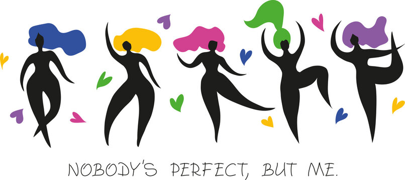 Set Of Motion Silhouettes Of Happy Plus Size Girls.
Positive Body Concept. No One Is Perfect Except Me. Vector Illustration On A White Background.