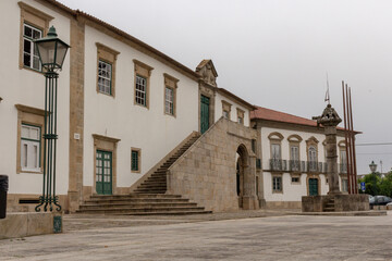 Fototapeta na wymiar Vila do Conde Town Hall and Pillory at Vasco da Gama Square, Portugal.