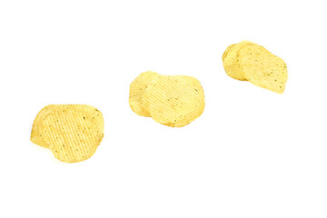 yellow potato chips isolated on white background