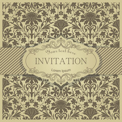 Template greeting card, invitation and advertising banner, brochure with frame. Vintage Invitation or wedding card with damask pattern