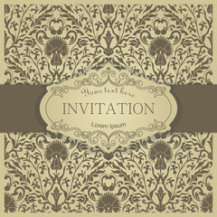 Template greeting card, invitation and advertising banner, brochure with frame. Vintage Invitation or wedding card with damask pattern