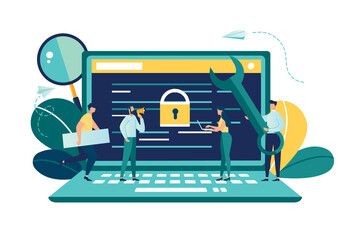 Vector colorful illustration, the concept of protecting computer data for a web page, coding, programming, application development, expose