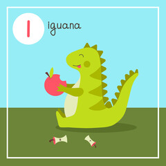 Cute animal alphabet for ABC book. Vector illustration of cartoon animals. Green iguana lizard with appetite eats red apples, scattering bits