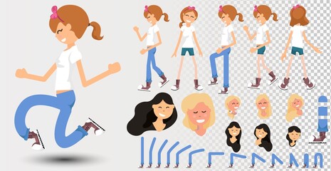 Front, side, back view animated character. Schoolgirl character creation set with various views, hairstyles, face emotions, poses and gestures. Cartoon style, flat vector illustration.