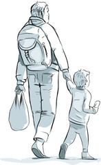 immigrants family, father & son vector drawing