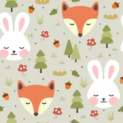 Papier Peint photo autocollant Lapin Lapin et Fox sans soudure de fond, lapin mignon endormi dans la forêt boisée, illustration vectorielle