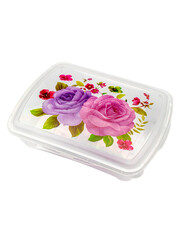 plastic food storage container with a pattern on the lid