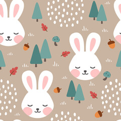 Rabbit and Fox seamless pattern background, Sleepy cute bunny in the woodland forest, Vector illustration