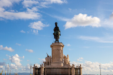 Fototapeta premium Lisbon Portugal: historical equestrian statue of King Jose I, finished 1775, seen from the back, on the central square.