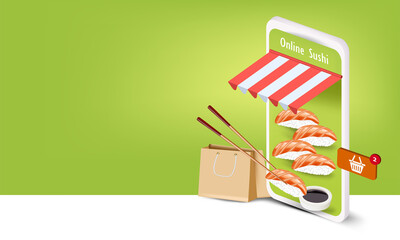 Sushi with bag and smartphone for online sushi order