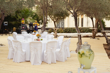 A festive table setting with Beautiful carafe with lemonade and a lot of sweets: muffins, lemonade,...