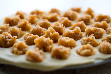 Raw homemade dumplings. Chicken meat with spices on the dough. The process of making dumplings