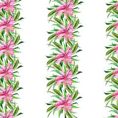 Watercolor hand painted nature meadow floral seamless pattern with pink magnolia and green petals isolated on white background