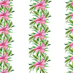 Selbstklebende Fototapeten Watercolor hand painted nature meadow floral seamless pattern with pink magnolia and green petals isolated on white background © Любовь Анохина