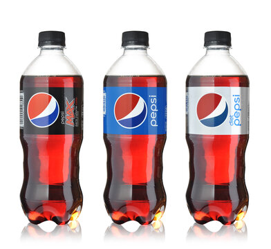 Pepsi Cola Plastic Bottles Isolated On White. 