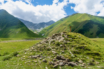 Naklejka na ściany i meble Truso Valley and Gorge trekking / hiking route landscape, in Kazbegi, Georgia. Truso valley is a scenic trekking route close to the border of North Ossetia.