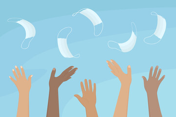 Multiethnic group of people throw medical masks in the air. Quarantine is over. Vector illustration.